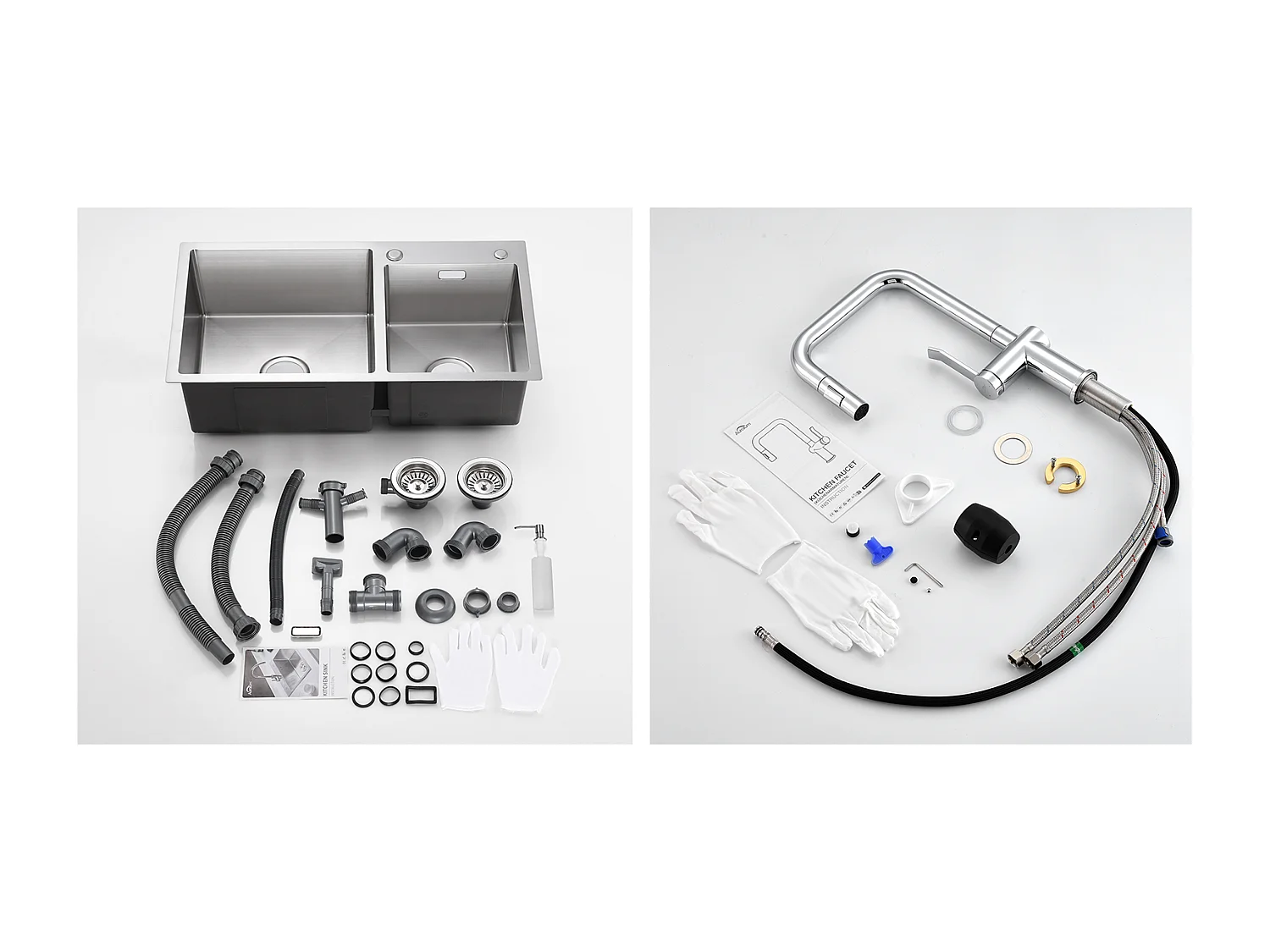 Lavello Cucina 2 Vassoio 75x45x19cm,Incasso/da Posare con Distributore di Sapone+Rubinetto Cucina con Doccetta Estraibile, 2 Funzioni,Cromato