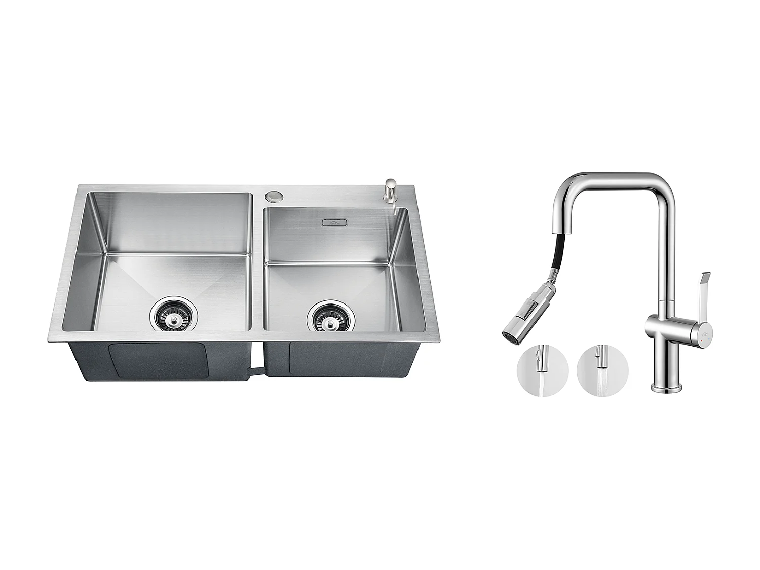 2en1 Évier Cuisine 2 Bac 75x45x19cm,Encastré/ à Poser avec Distributeur Savon+Robinet Cuisine avec Douchette Extractibles, 2 Fonctions,Chromé