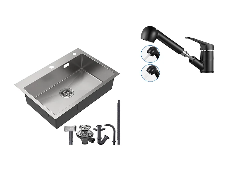 Évier Cuisine 1 Bac 45x45CM Acier Inoxydable 304 ,encastré et à Poser+Robinet Cuisine Noir avec Douchette Extractible 2 Jets à 360° en Laiton