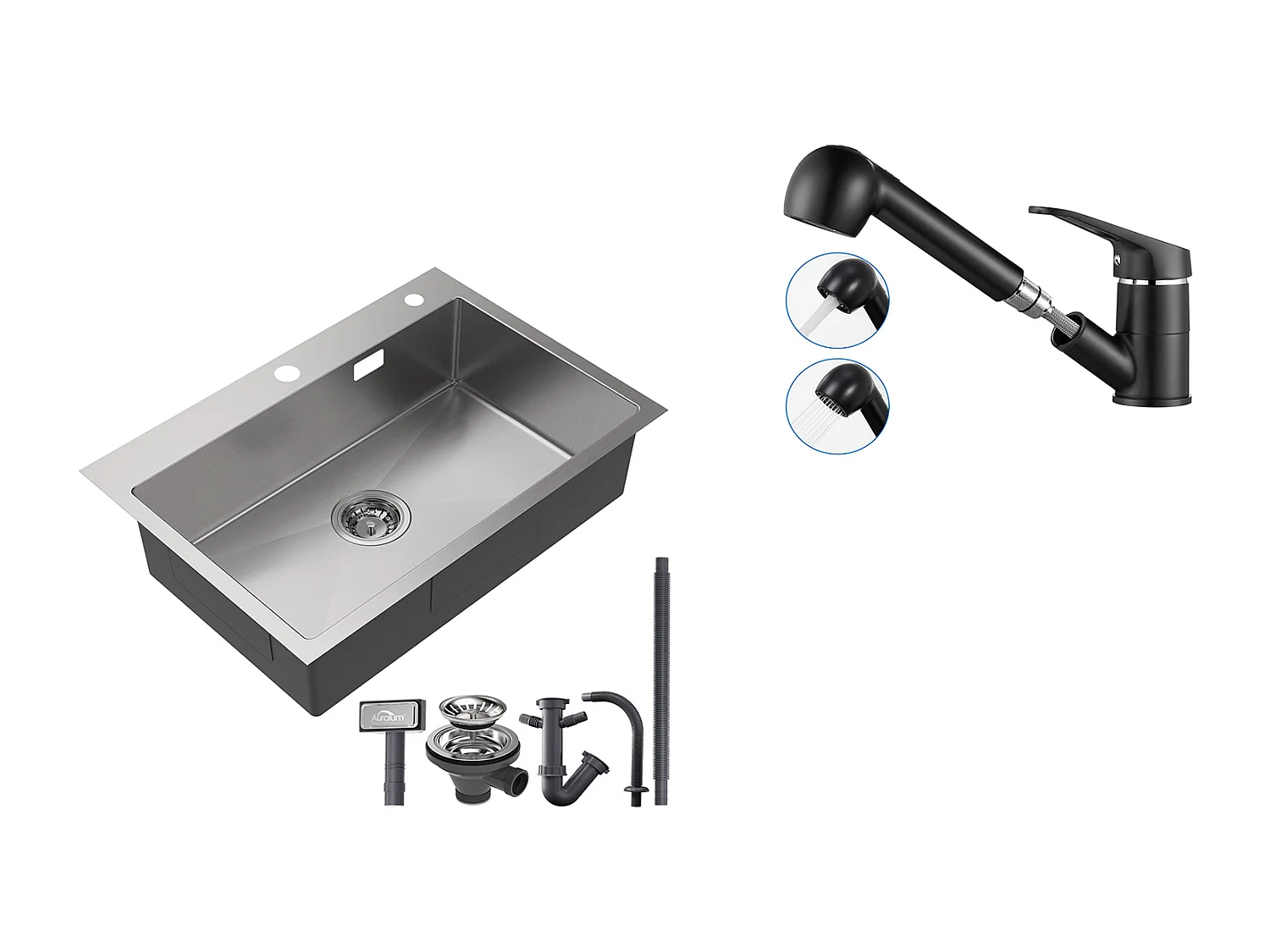 Évier Cuisine 1 Bac 45x45CM Acier Inoxydable 304 ,encastré et à Poser+Robinet Cuisine Noir avec Douchette Extractible 2 Jets à 360° en Laiton