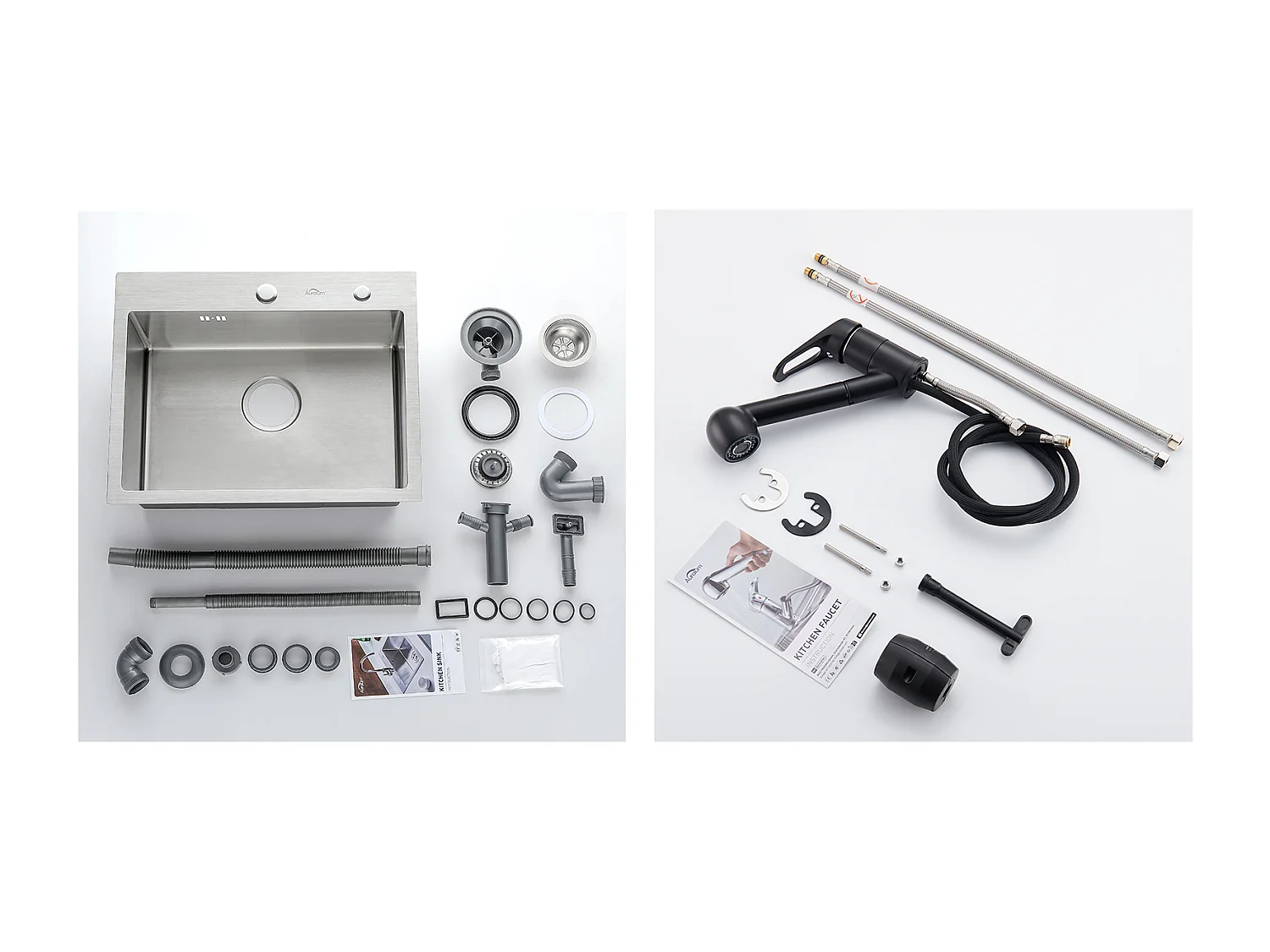 Évier Cuisine 1 Bac 45x45CM Acier Inoxydable 304 ,encastré et à Poser+Robinet Cuisine Noir avec Douchette Extractible 2 Jets à 360° en Laiton