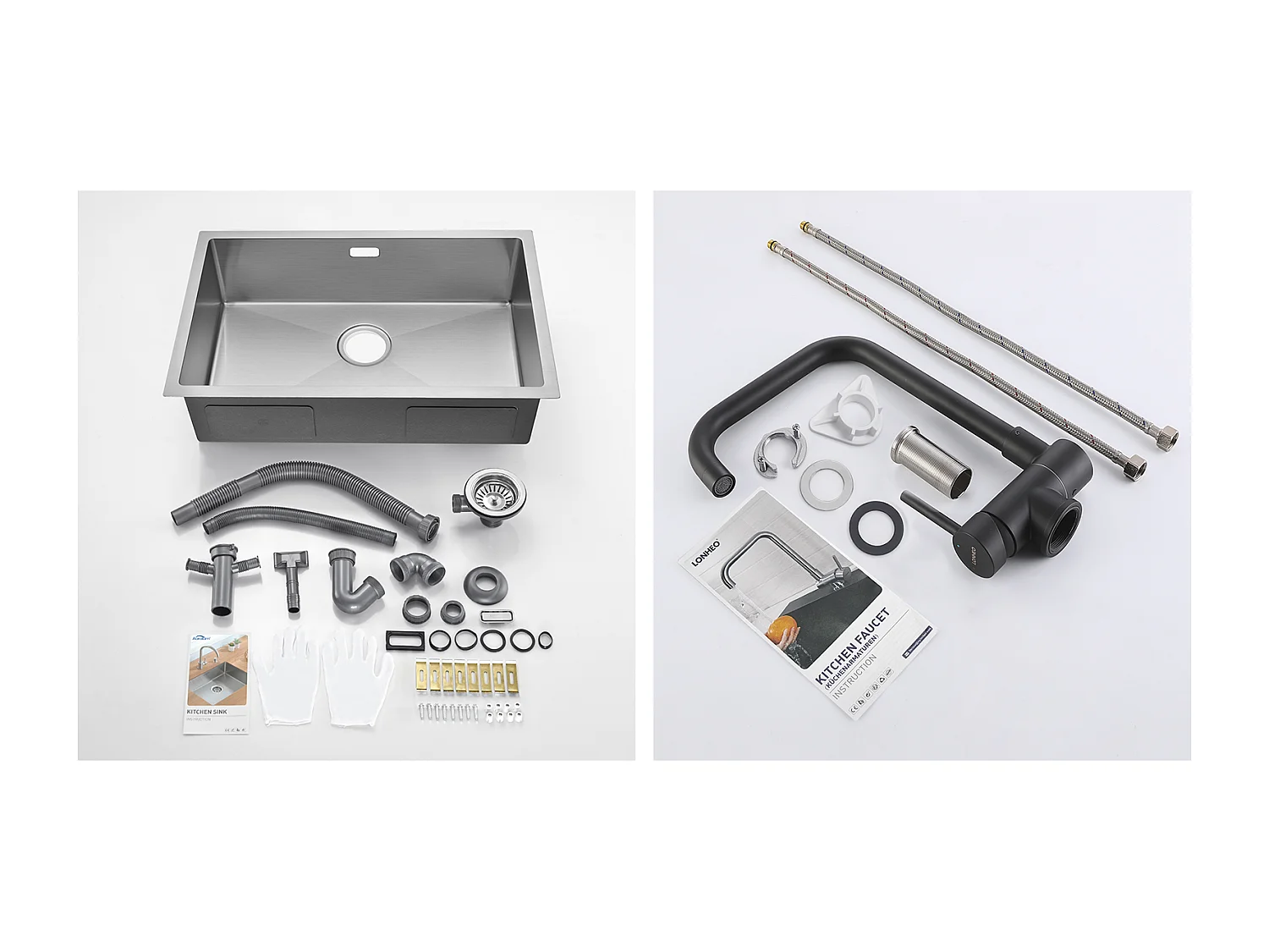 Évier Cuisine 1 Bac 70*44*19CMà Encastrer/Fleur/Sous-Plan,avec Siphon/Trop-Plein,Brossé+Mitigeur Cuisine Rabattable Pivotant 360° Eau