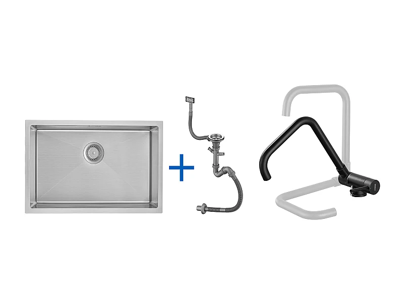 Évier Cuisine 1 Bac 70*44*19CMà Encastrer/Fleur/Sous-Plan,avec Siphon/Trop-Plein,Brossé+Mitigeur Cuisine Rabattable Pivotant 360° Eau