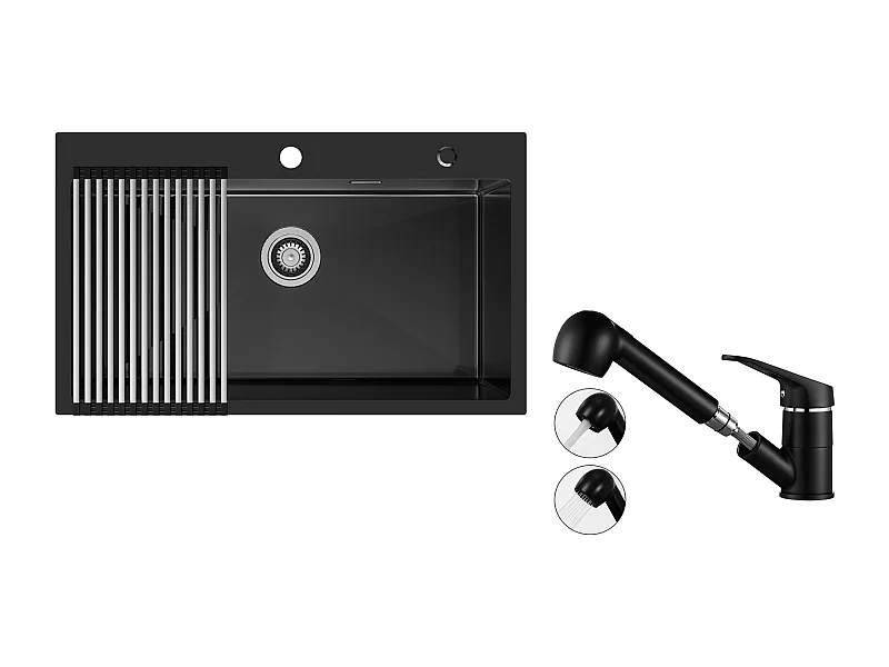 Auralum MAX Fregadero de Cocina 1 Bandeja 75 x 45 cm,Inox Negro con Escurridor Plegable+Mesclador Cocina con Ducha Extraíble Rotativo 360°,Negro