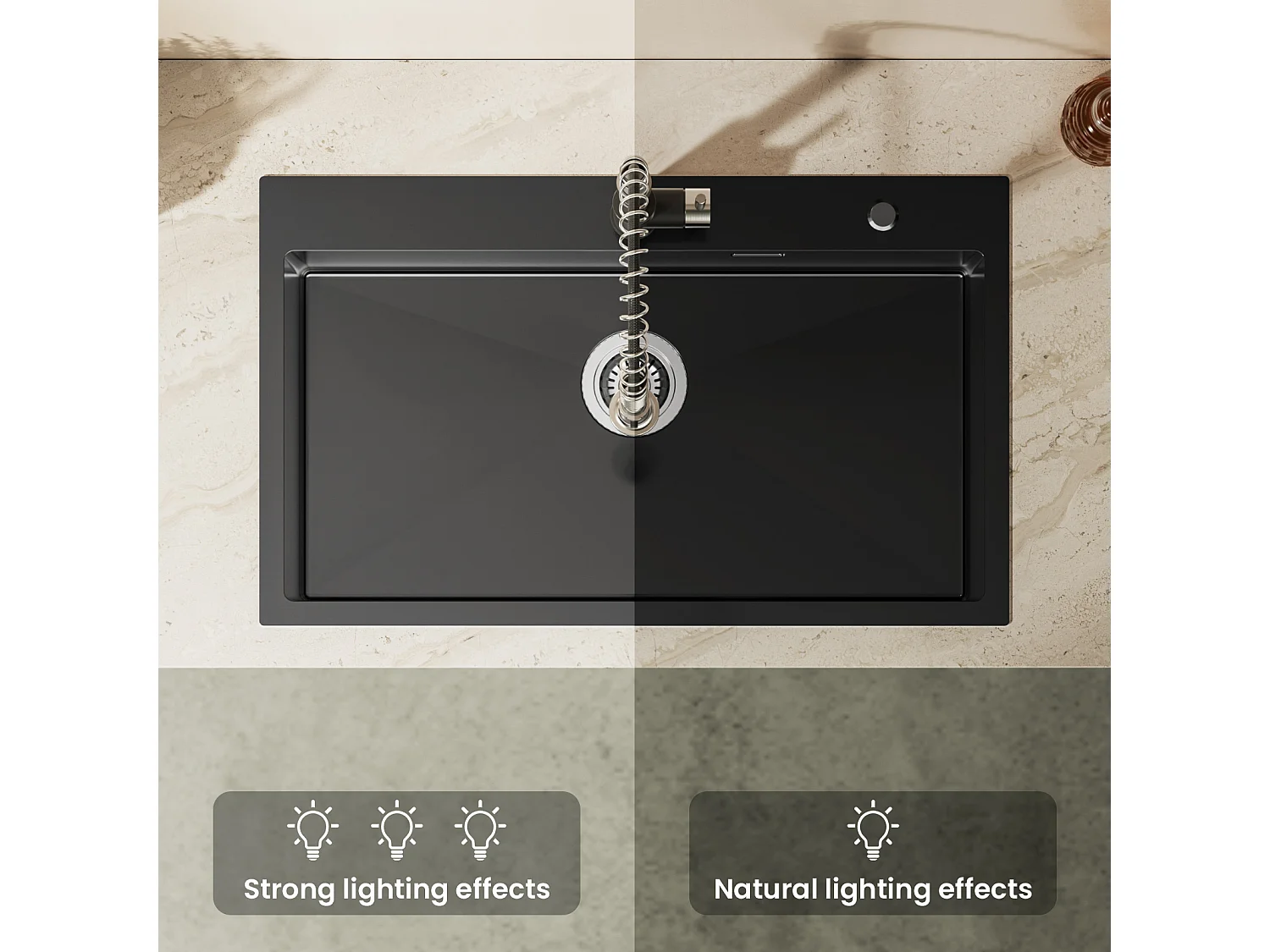 Auralum MAX Évier de Cuisine 1 Bac 75 x 45 cm,Évier Inox Noir avec Égouttoir Pliable+Mitigeur Cuisine avec Douchette Extractible Rotatif 360°,Noir