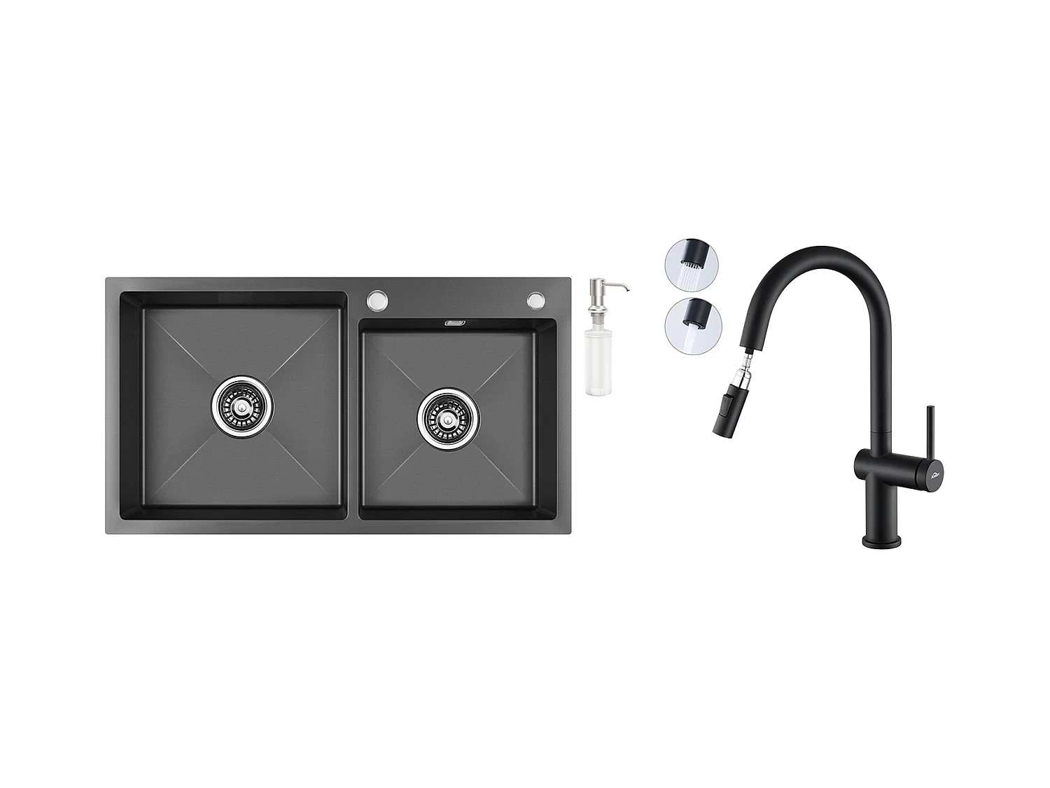 2en1 Évier de Cuisine 2 Bac ,Noir,75x45x19cm,Encastré/ à Poser avec Distributeur Savon+robinet de cuisine rétractable à deux fonctions, Noir