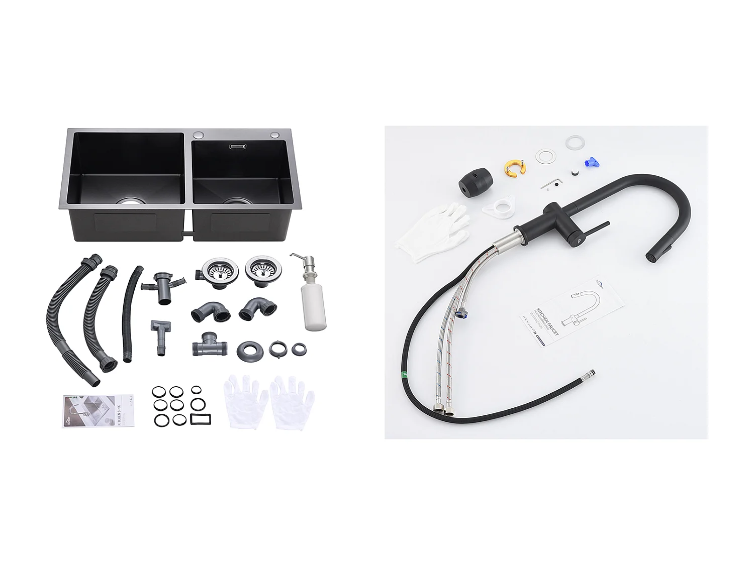 2 en 1 Évier de Cuisine 2 Bac ,Noir,75x45x19cm,Encastré/ à Poser avec Distributeur Savon+robinet de cuisine rétractable à deux fonctions, Noir