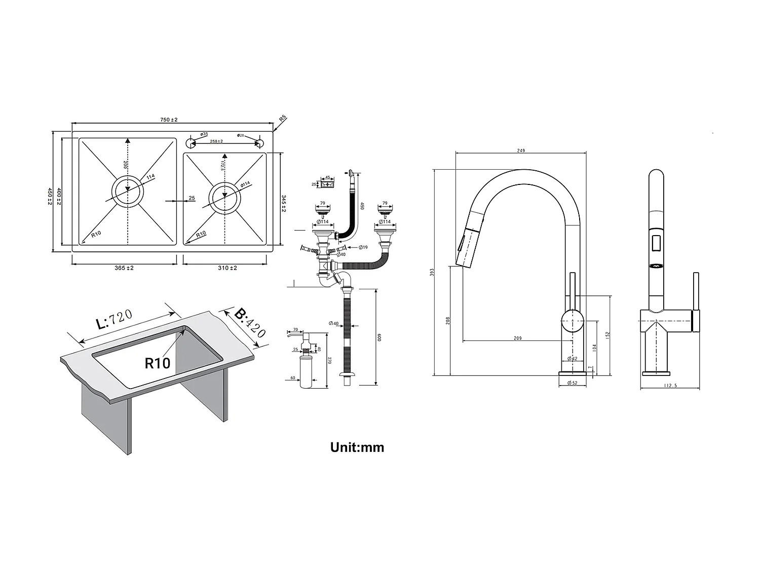 2in1 Aanrecht 2 Bak ,Zwart,75x45x19cm,Inbouw/Opbouw met Zeepdispenser+Trekbare Keukenkraan met twee functies, Zwart