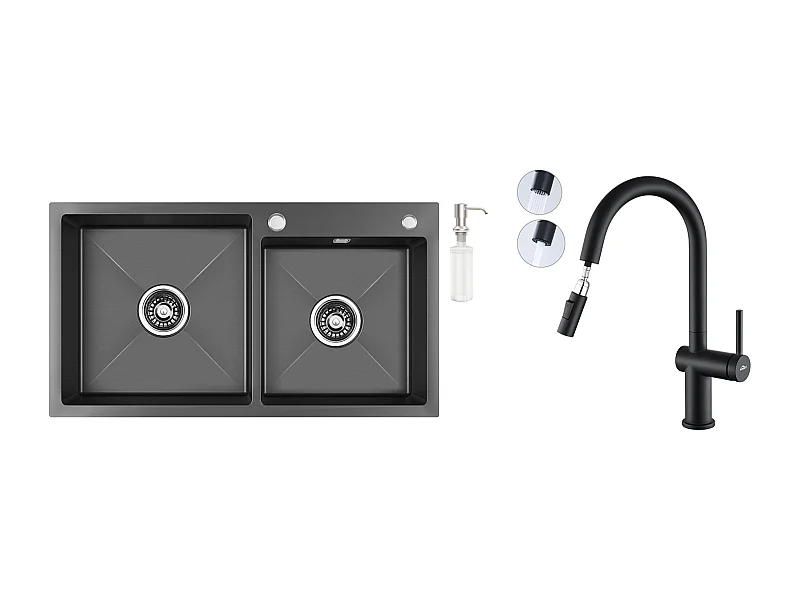 2in1 Küchenspüle 2 Becken, Schwarz, 75x45x19cm, Einbau/Aufputz mit Seifenspender + ausziehbarer Zweifunktions-Küchenarmatur, Schwarz