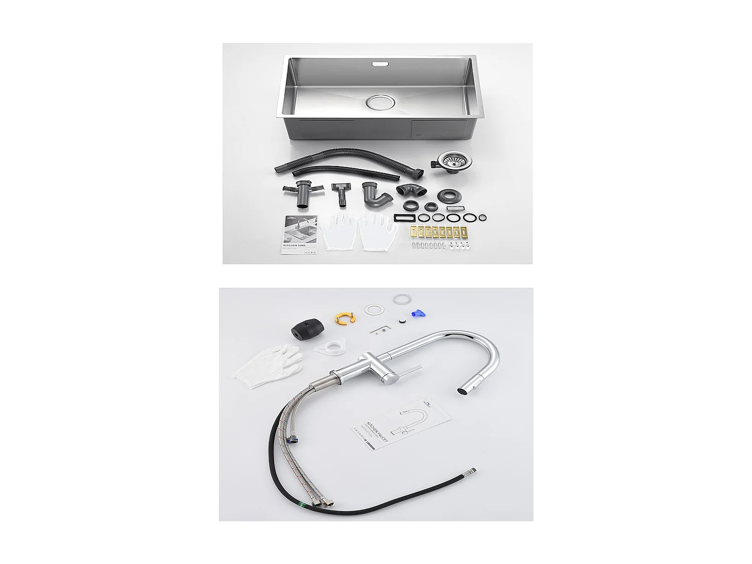 Évier de cuisine Brossé 70*44*19cm inox,sur le plan de travail, encastré ou sous-plan +robinet de cuisine rétractable à deux fonctions, chromé