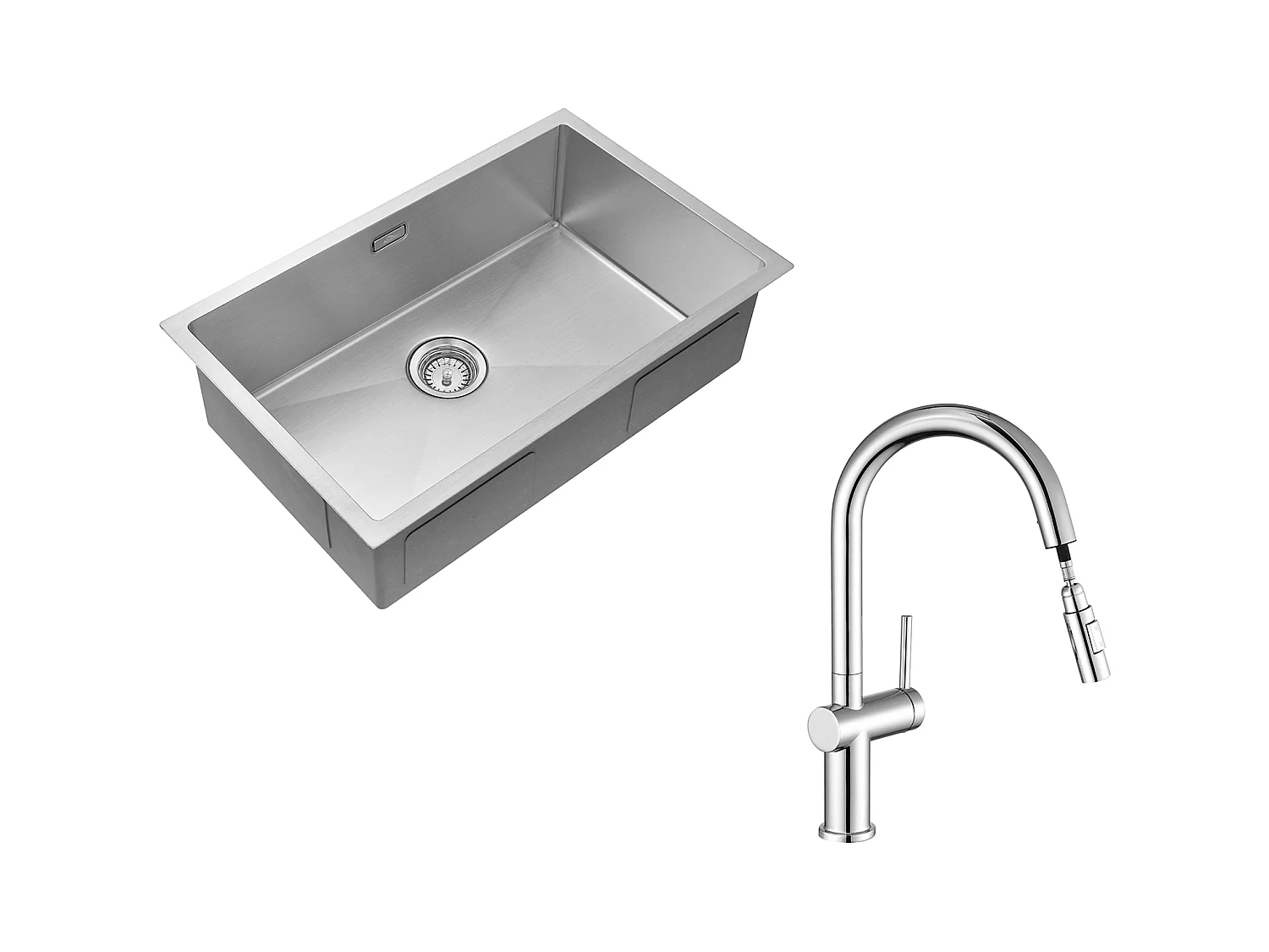 Geborstelde spoelbak 70*44*19cm RVS, op het aanrechtblad, eInbouw of onderblad + intrekbare keukenkraan met twee functies, chroom