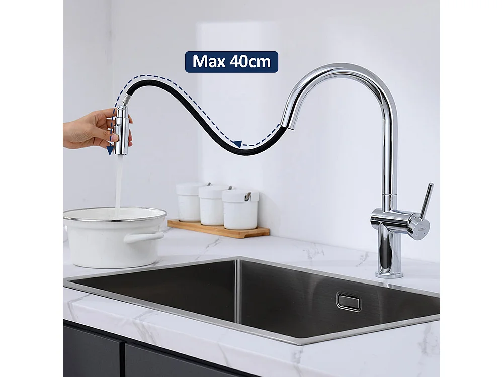 Évier de cuisine Brossé 70*44*19cm inox,sur le plan de travail, encastré ou sous-plan +robinet de cuisine rétractable à deux fonctions, chromé