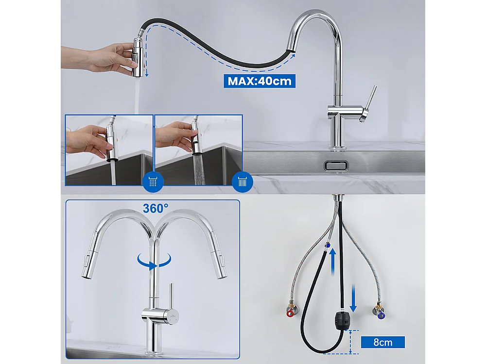 Évier de cuisine Brossé 70*44*19cm inox,sur le plan de travail, encastré ou sous-plan +robinet de cuisine rétractable à deux fonctions, chromé