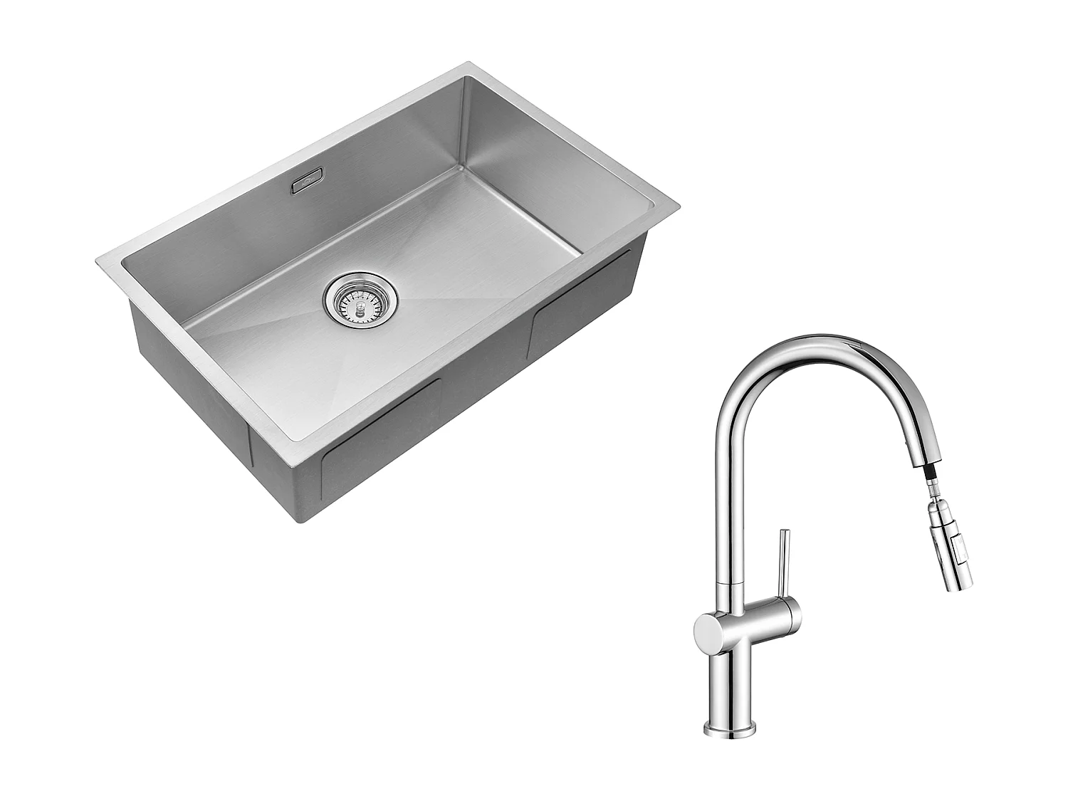 Évier de cuisine Brossé 70*44*19cm inox,sur le plan de travail, encastré ou sous-plan +robinet de cuisine rétractable à deux fonctions, chromé