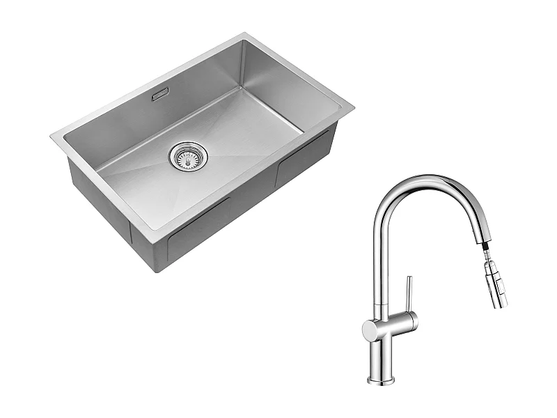 Lavello cucina Spazzolato 70*44*19cm inox,sul piano di lavoro, incassato o sottopiano+rubinetto cucina retrattile a due funzioni,cromato