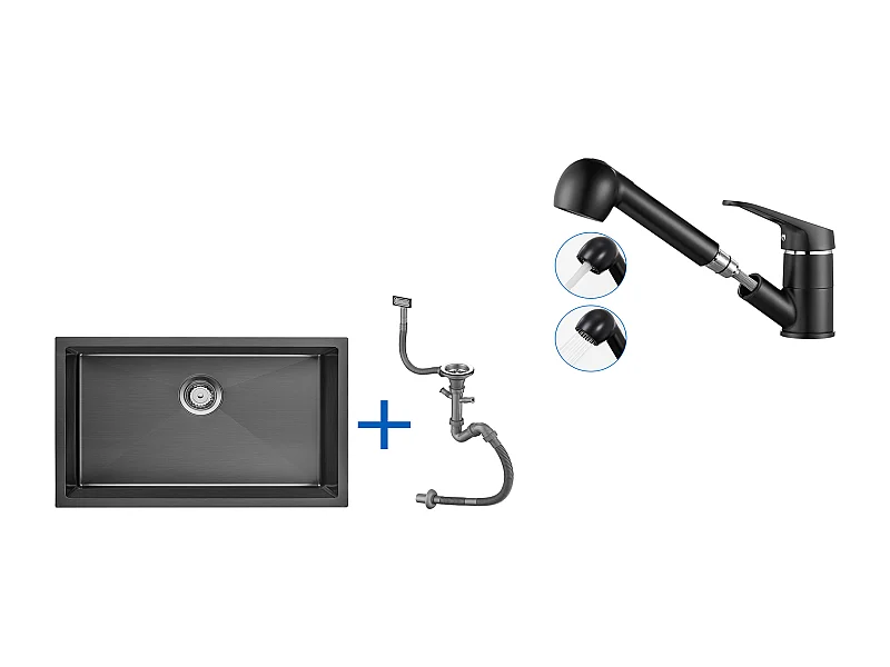 Évier Cuisine 1 Bac 70*44*19CM,à Encastrer/Fleur/Sous-Plan,avec Siphon/Trop-Plein+Robinet de Cuisine Noir avec Douchette Extractible 2 Jets à 360°