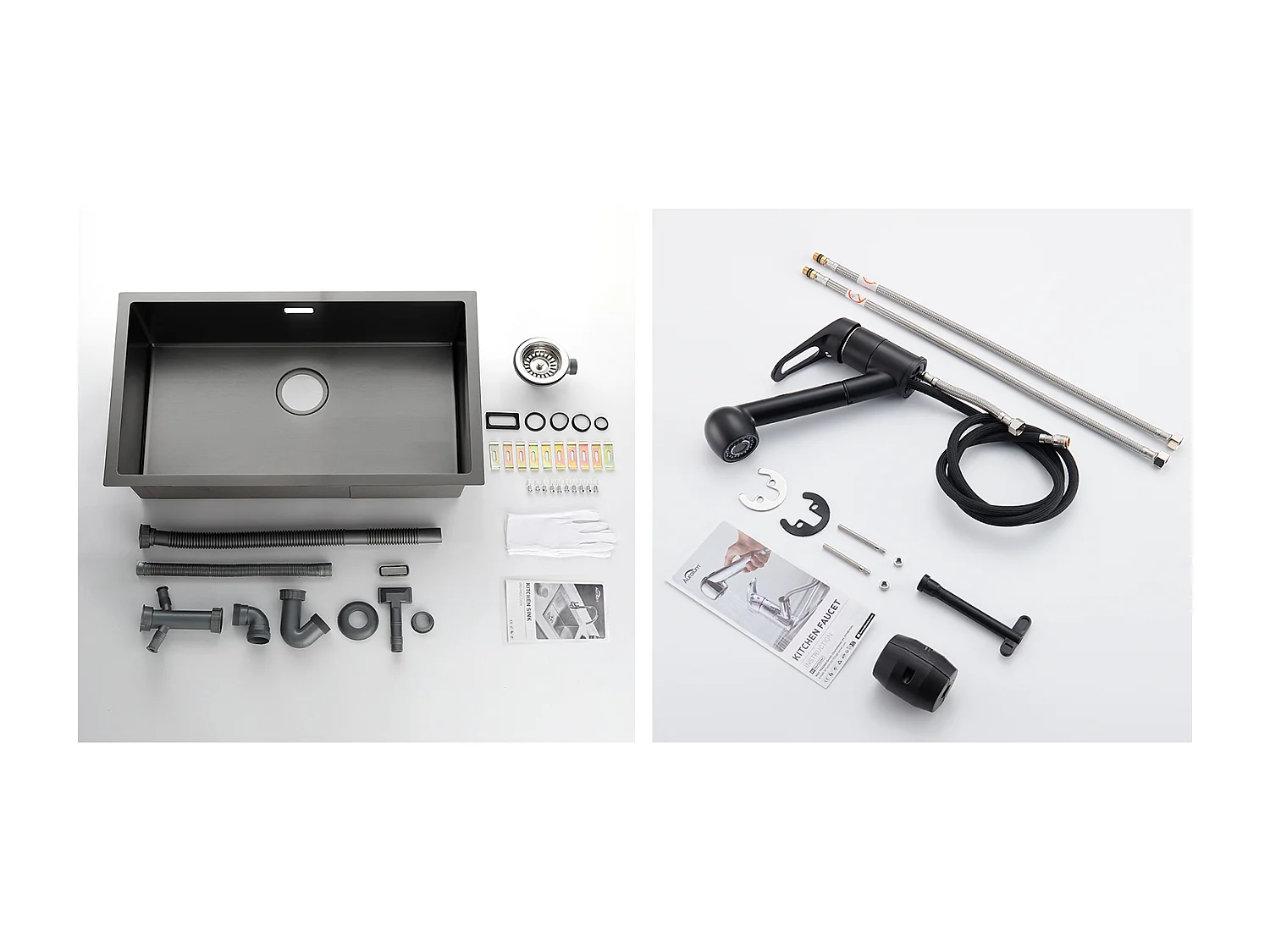 Évier Cuisine 1 Bac 70*44*19CM,à Encastrer/Fleur/Sous-Plan,avec Siphon/Trop-Plein+Robinet de Cuisine Noir avec Douchette Extractible 2 Jets à 360°