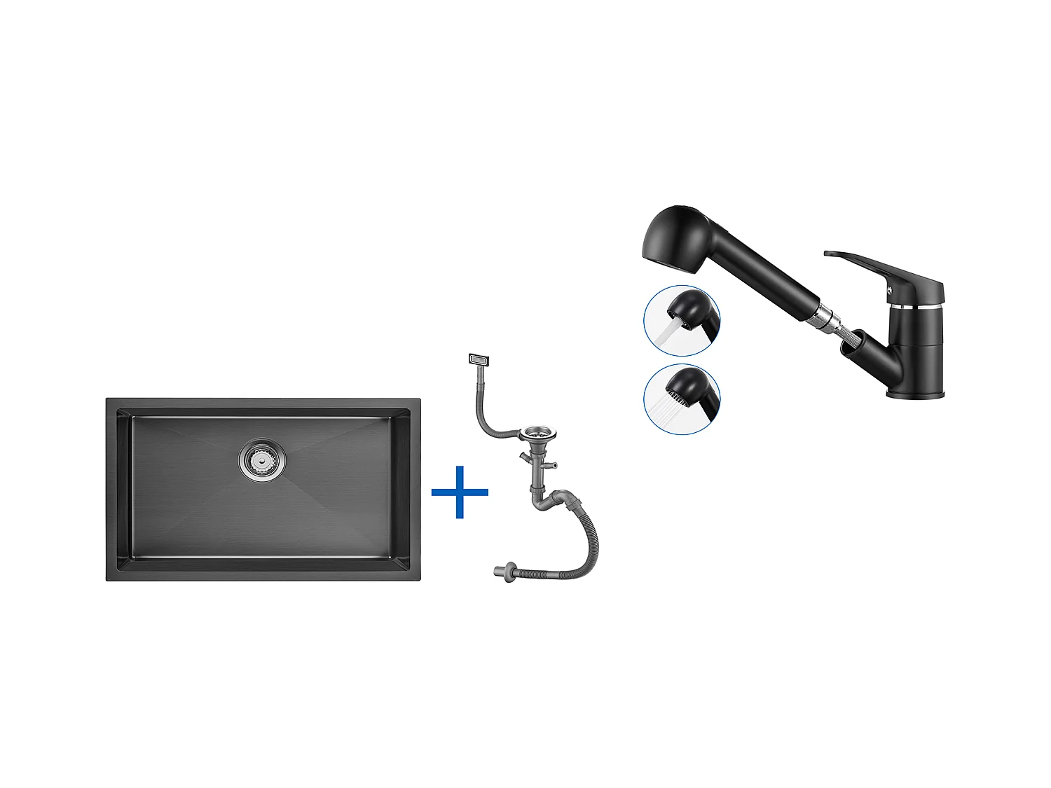 Évier Cuisine 1 Bac 70*44*19CM,à Encastrer/Fleur/Sous-Plan,avec Siphon/Trop-Plein+Robinet de Cuisine Noir avec Douchette Extractible 2 Jets à 360°