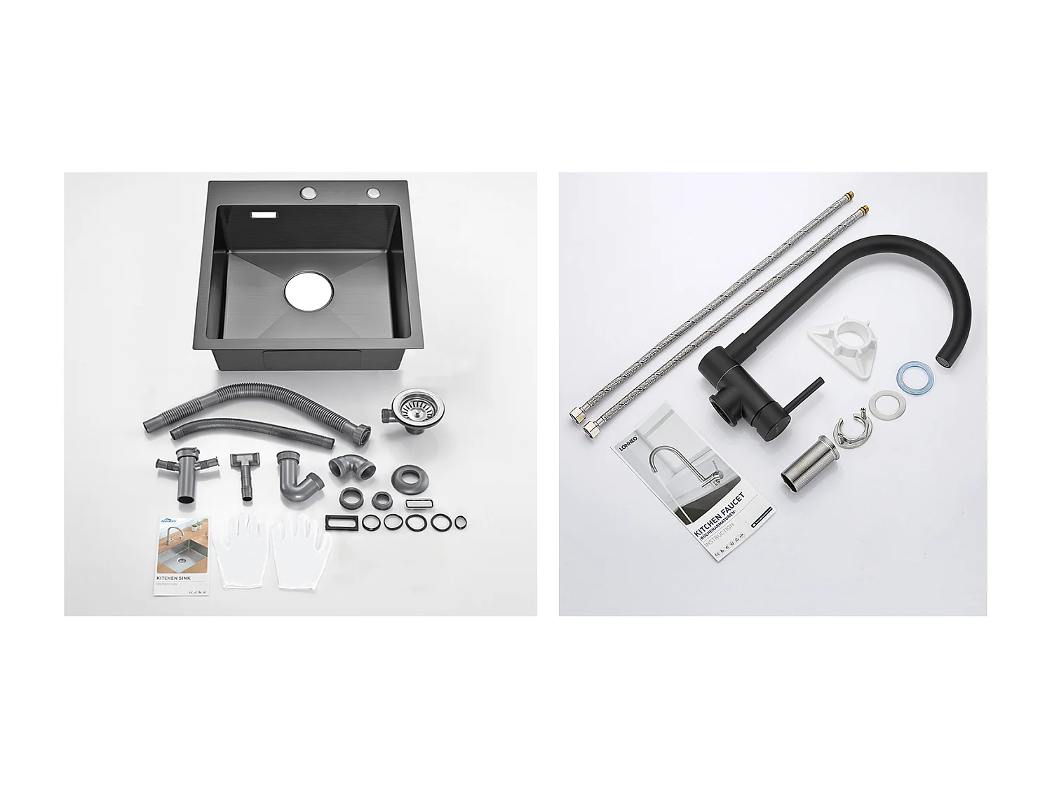 Évier Cuisine Noir  1 Bac 45x45CM Acier Inoxydable 304 ,encastré et à Poser+Mitigeur Cuisine en Acier Inox 304 Rabattable Pivotant à 3,EU Modèle