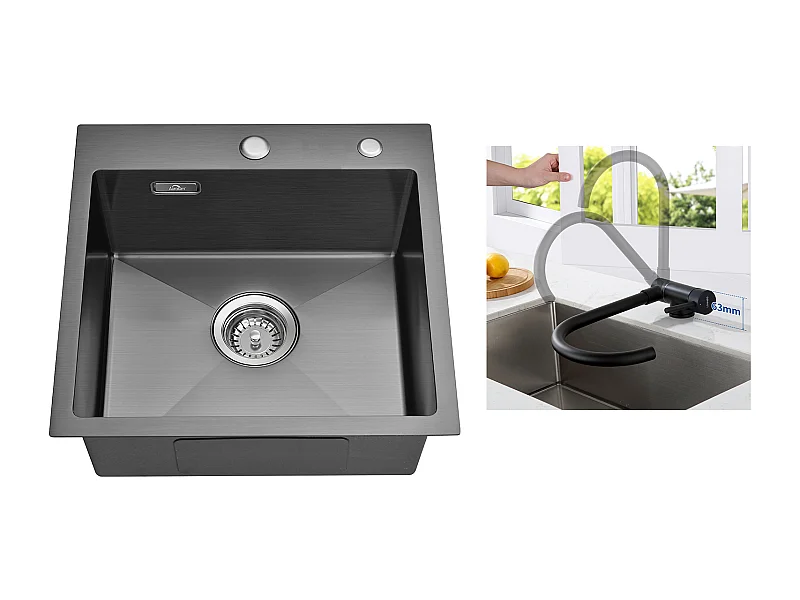 Zwarte keuken spoelbak 1 bak 45x45CM 304 roestvrij staal, inbouw en op te zetten+MitIgeur RVS 304 opklapbaar draaibaar 3, EU Model