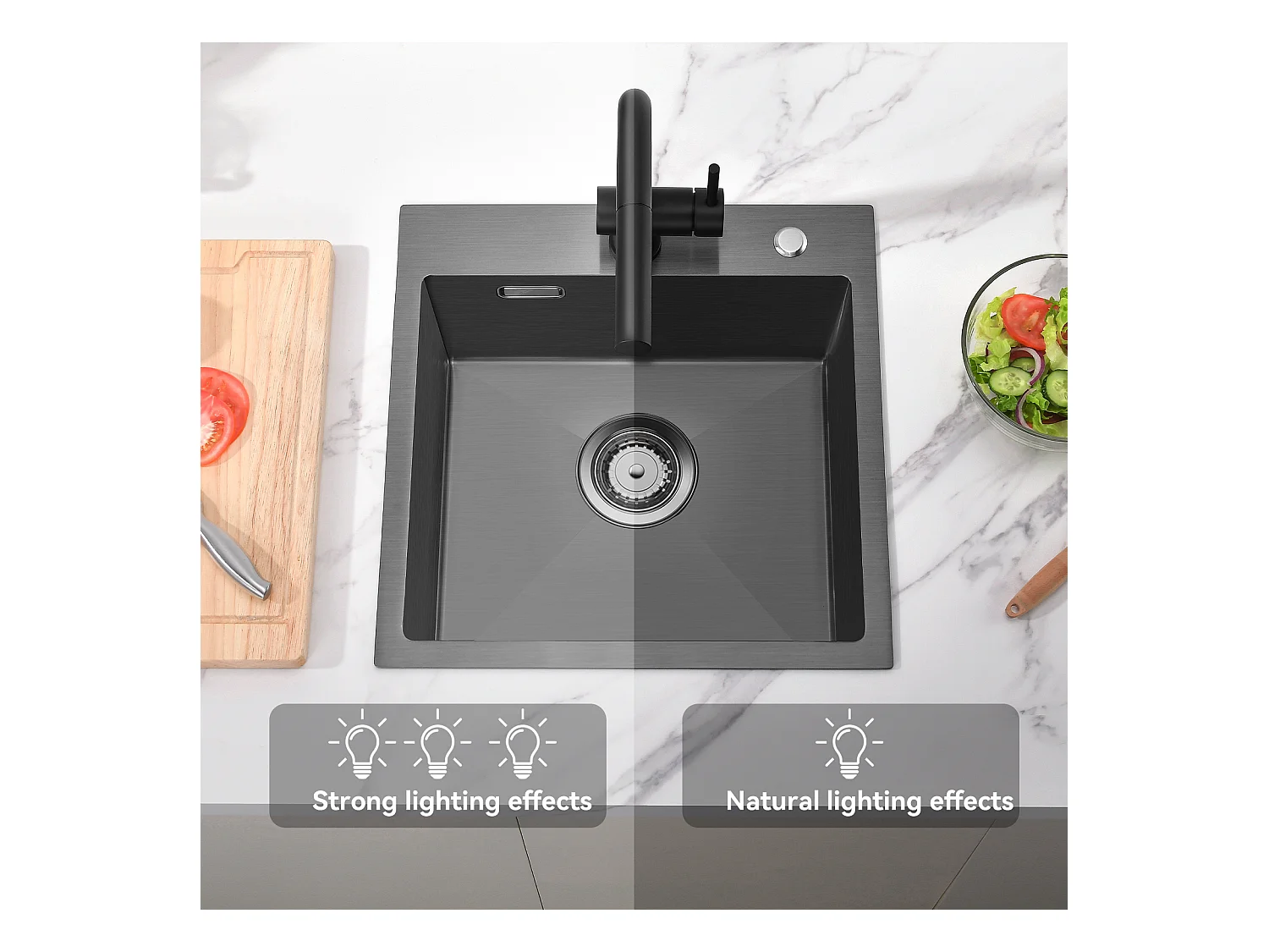 Lavello Cucina 1 Vasca 45x45CM AcIer Inossidabile 304, incassato e da posare +rubinetto da cucina retrattile a due funzioni, Nero,Modello UE