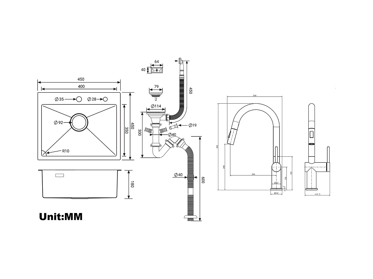 Lavello Cucina 1 Vasca 45x45CM AcIer Inossidabile 304, incassato e da posare +rubinetto da cucina retrattile a due funzioni, Nero,Modello UE