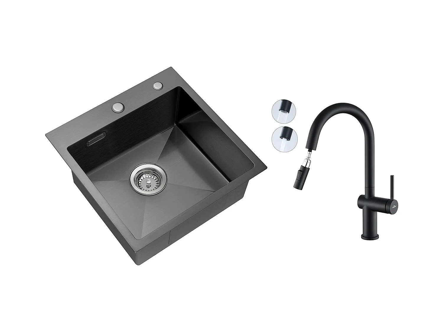 Lavello Cucina 1 Vasca 45x45CM AcIer Inossidabile 304, incassato e da posare +rubinetto da cucina retrattile a due funzioni, Nero,Modello UE
