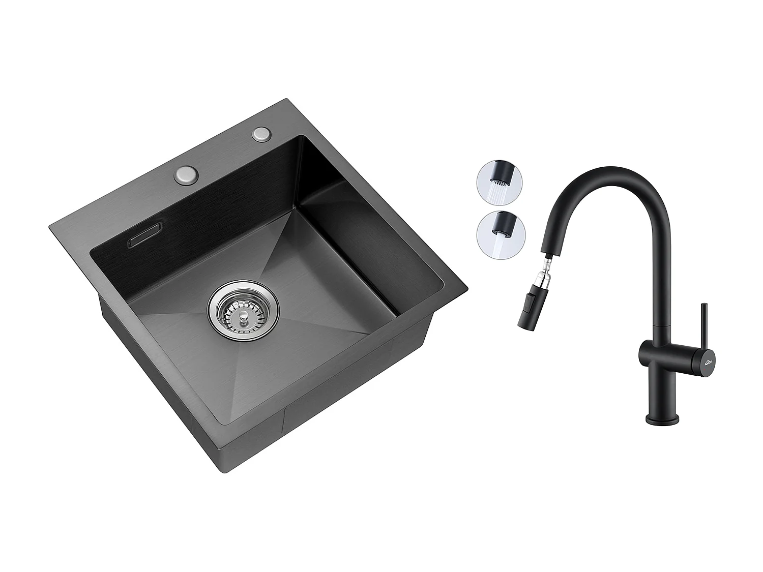 Lavello Cucina 1 Vasca 45x45CM AcIer Inossidabile 304, incassato e da posare +rubinetto da cucina retrattile a due funzioni, Nero,Modello UE