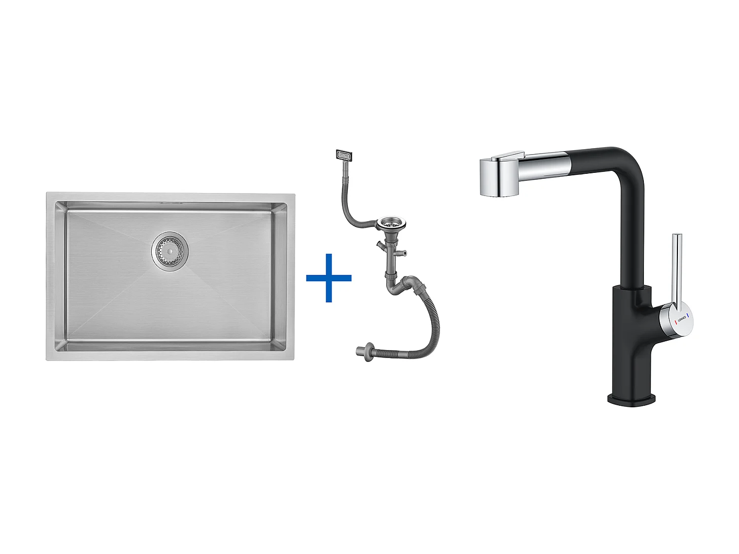 Évier Cuisine 1 Bac 70*44*19CM,à Encastrer/Fleur/Sous-Plan,avec Siphon/Trop-Plein,Brossé +Robinet de Cuisine Inox Extractible Rotatif