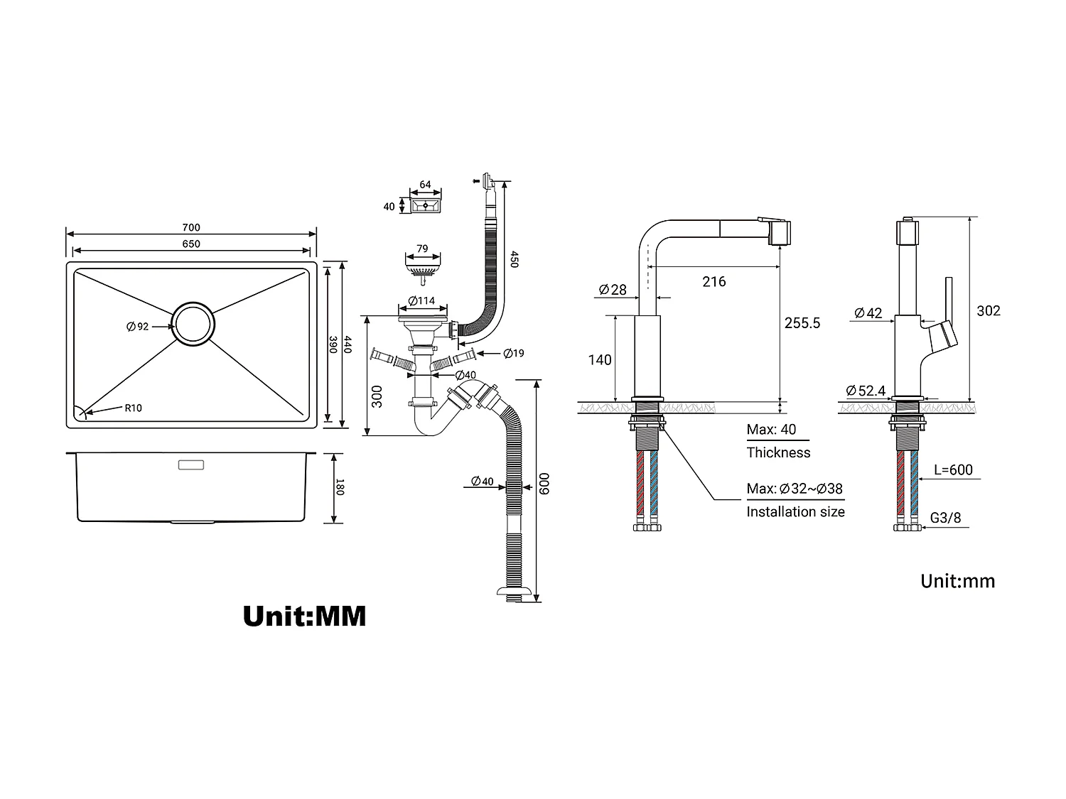 Évier Cuisine 1 Bac 70*44*19CM,à Encastrer/Fleur/Sous-Plan,avec Siphon/Trop-Plein,Brossé +Robinet de Cuisine Inox Extractible Rotatif
