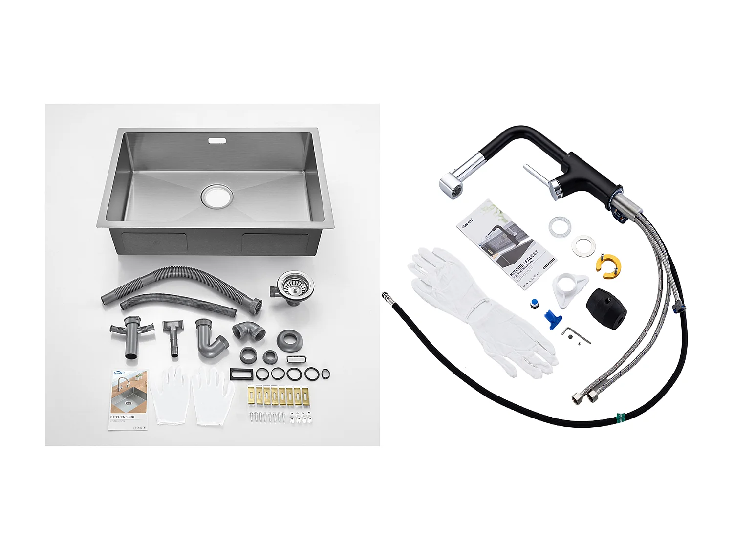 Évier Cuisine 1 Bac 70*44*19CM,à Encastrer/Fleur/Sous-Plan,avec Siphon/Trop-Plein,Brossé +Robinet de Cuisine Inox Extractible Rotatif