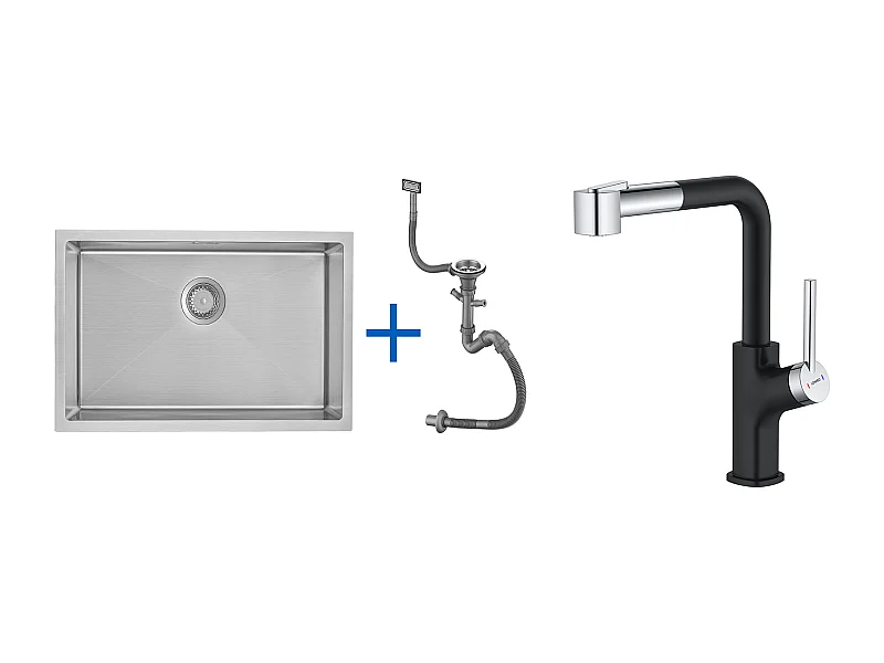 Lavello Cucina 1 vasca  70*44*19CM,da incasso/fiore/sottopiano,con sifone/troppo pieno,spazzolato + rubinetto da cucina  inox estraibile rotante