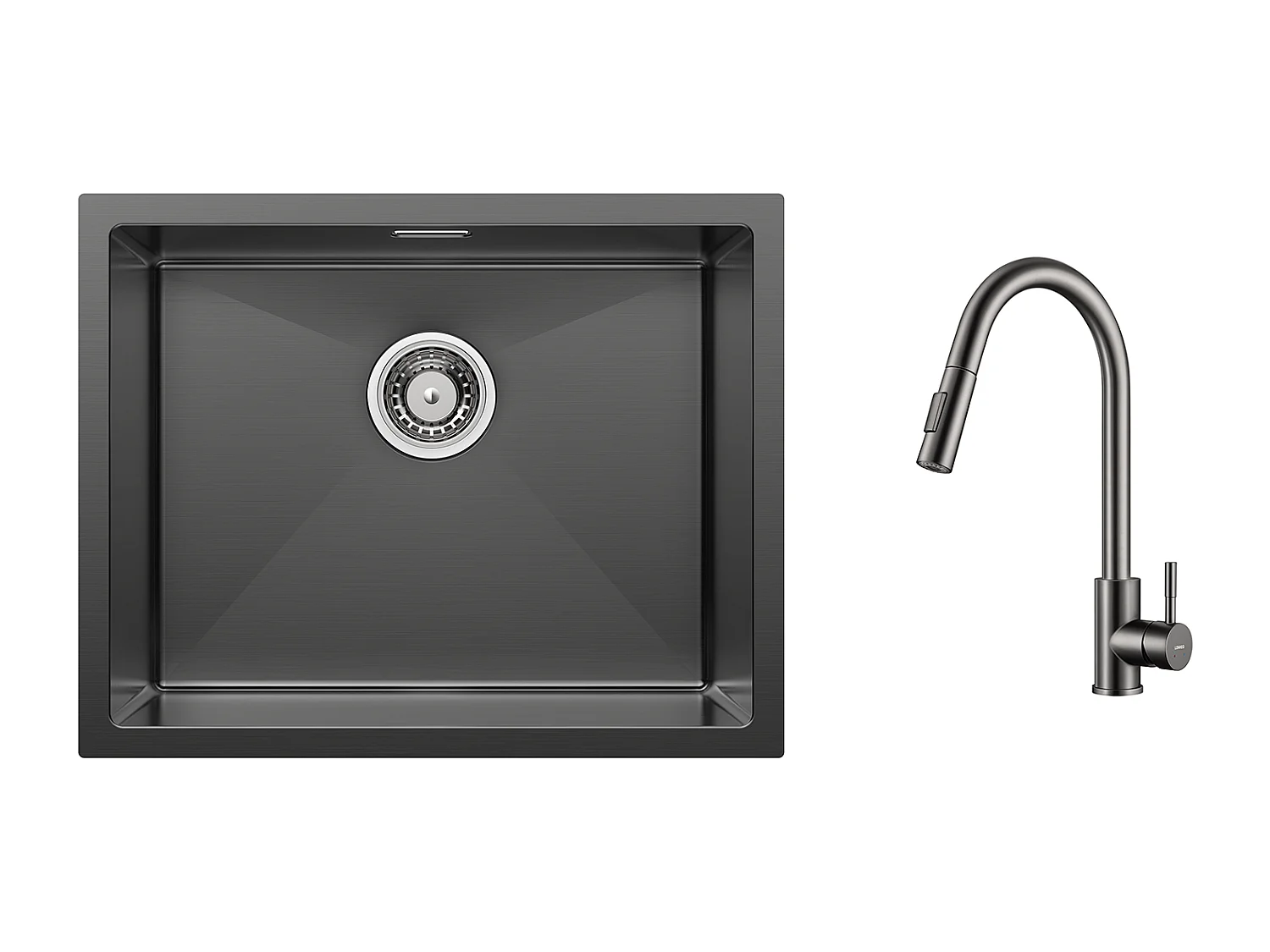 2 en1 Évier de Cuisine 1 Bac 55*44*19CM, à Encastrer/Fleur/ Sous-Plan, Noir +Robinet Cuisine Douchette Extractible Gris Foncé Rotatif 360 °