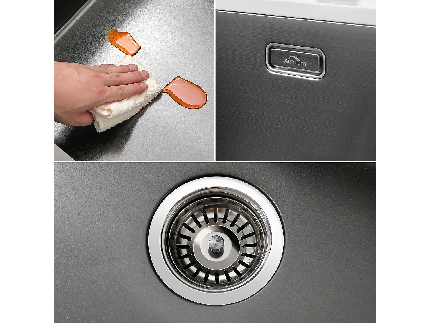 2 en1 Évier de Cuisine 1 Bac 55*44*19CM, à Encastrer/Fleur/ Sous-Plan, Noir +Robinet Cuisine Douchette Extractible Gris Foncé Rotatif 360 °