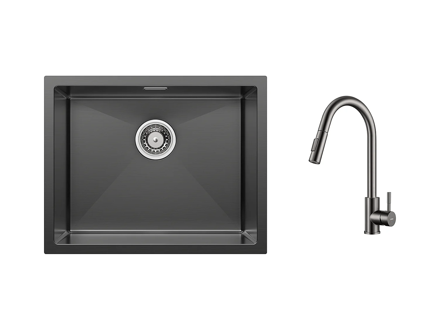 2 en1 Fregadero de Cocina 1 Bandeja 55*44*19CM, Empotrable/Fleur/ Sous-Plan, Negro +Grifo Cocina DuchaTe Extragible Gris Oscuro Rotativo 360 °
