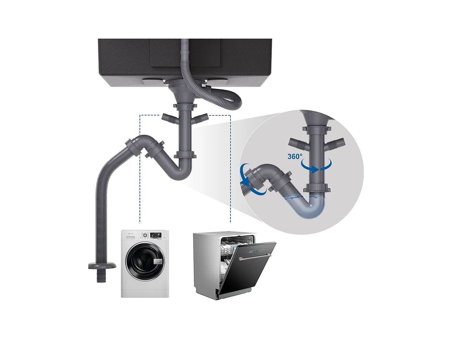 2 en1 Évier de Cuisine 1 Bac 55*44*19CM, à Encastrer/Fleur/ Sous-Plan, Noir +Robinet Cuisine Douchette Extractible Gris Foncé Rotatif 360 °