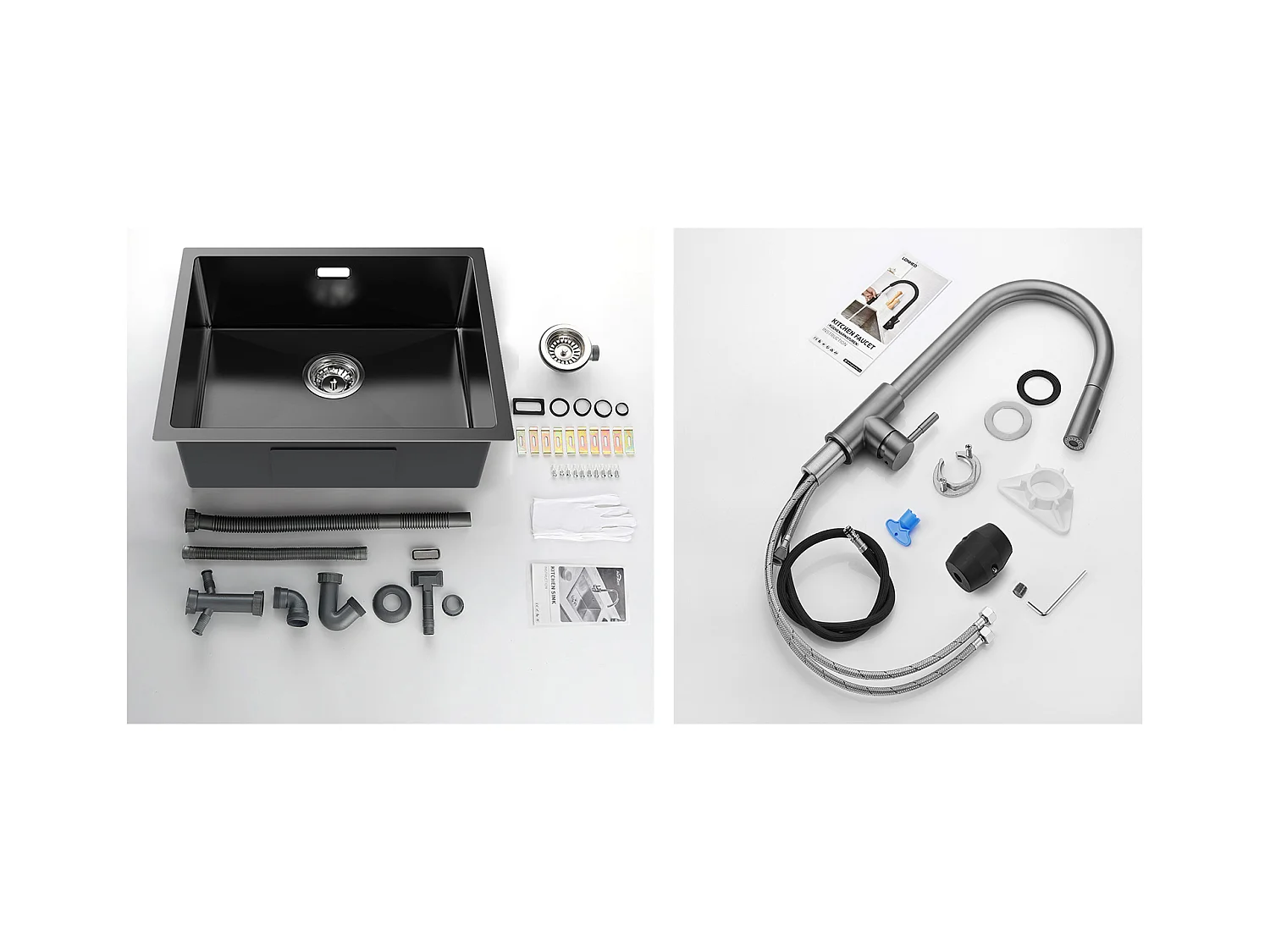 2 en1 Évier de Cuisine 1 Bac 55*44*19CM, à Encastrer/Fleur/ Sous-Plan, Noir +Robinet Cuisine Douchette Extractible Gris Foncé Rotatif 360 °