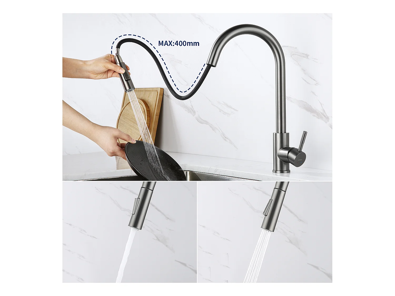 2 en1 Évier de Cuisine 1 Bac 55*44*19CM, à Encastrer/Fleur/ Sous-Plan, Noir +Robinet Cuisine Douchette Extractible Gris Foncé Rotatif 360 °