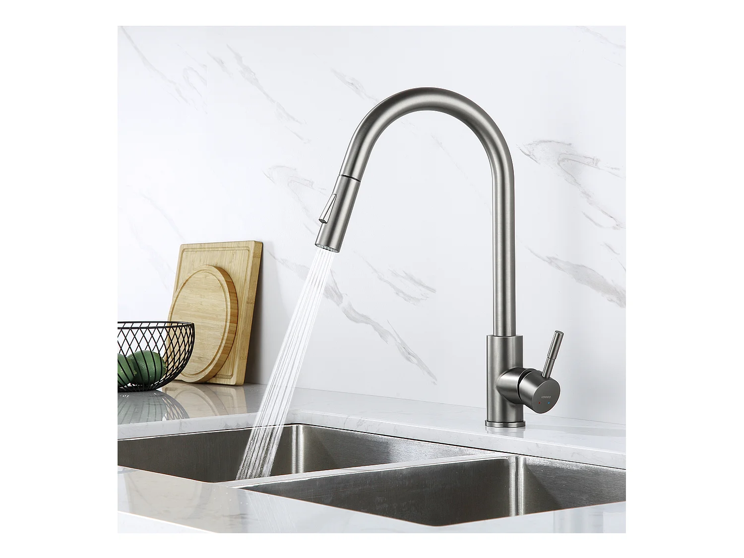 2 en1 Évier de Cuisine 1 Bac 55*44*19CM, à Encastrer/Fleur/ Sous-Plan, Noir +Robinet Cuisine Douchette Extractible Gris Foncé Rotatif 360 °