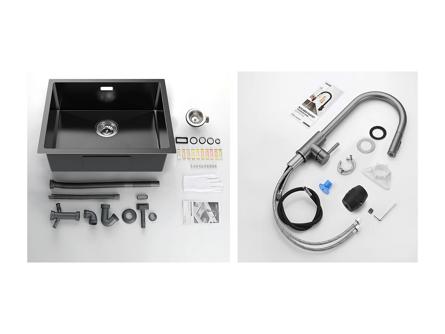 2 en1 Évier de Cuisine 1 Bac 55*44*19CM, à Encastrer/Fleur/ Sous-Plan, Noir +Robinet Cuisine Douchette Extractible Gris Foncé Rotatif 360 °