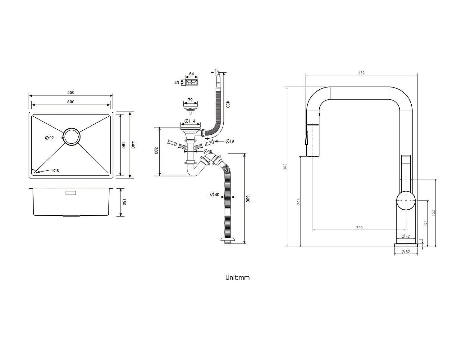 2 in 1 Küchenspüle 1 Becken 55*44*19CM, Gebürstet + Küchenarmatur mit Ausziehbrause 360° Drehbar 2 Funktionen, Abnehmbarer Brausekopf, Chrom