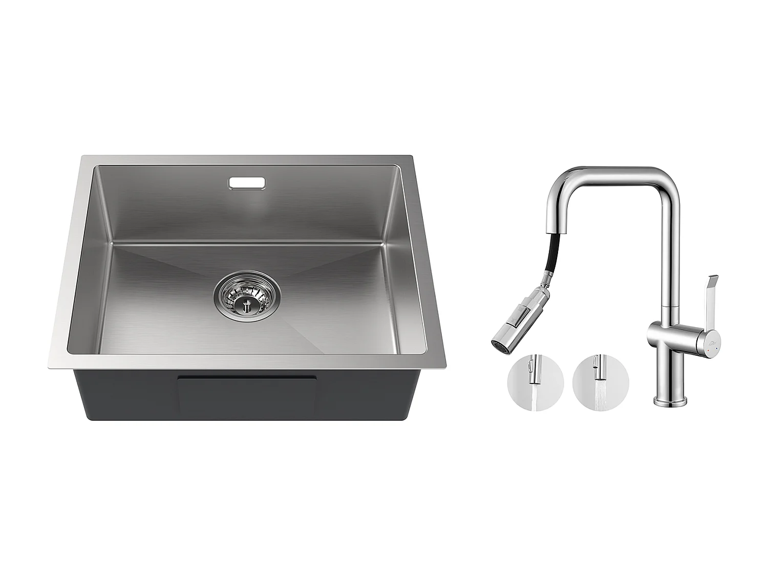 Lavello Cucina 1 vasca  55*44*19CM,Spazzolato+Rubinetto Cucina con Doccia Estraibile Rotante 360 °2 Funzioni,Barbottore smontabile,Cromato