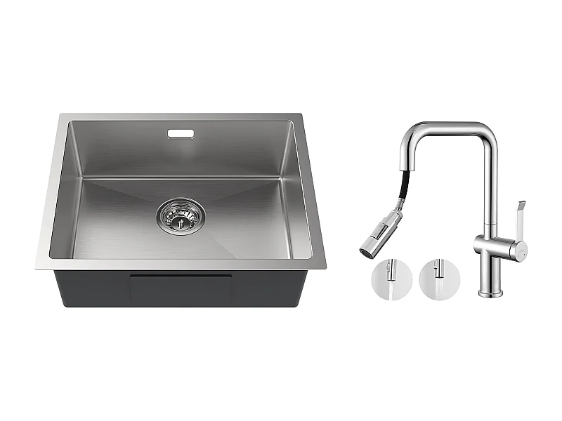 Lavello Cucina 1 vasca  55*44*19CM,Spazzolato+Rubinetto Cucina con Doccia Estraibile Rotante 360 °2 Funzioni,Barbottore smontabile,Cromato