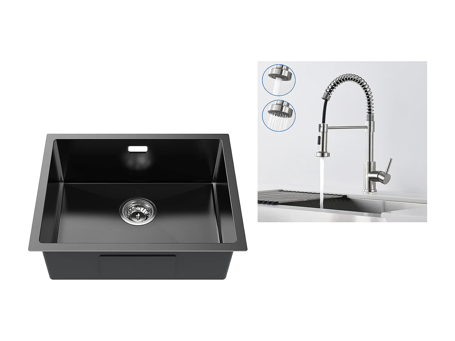 Fregadero Cocina 1 Bandeja 55*44*19CM, Empotrable/Flor/Sub-Plan, Negro+Grifo Cocina Resorte con Ducha Extensible,2 Modos,Cepillado