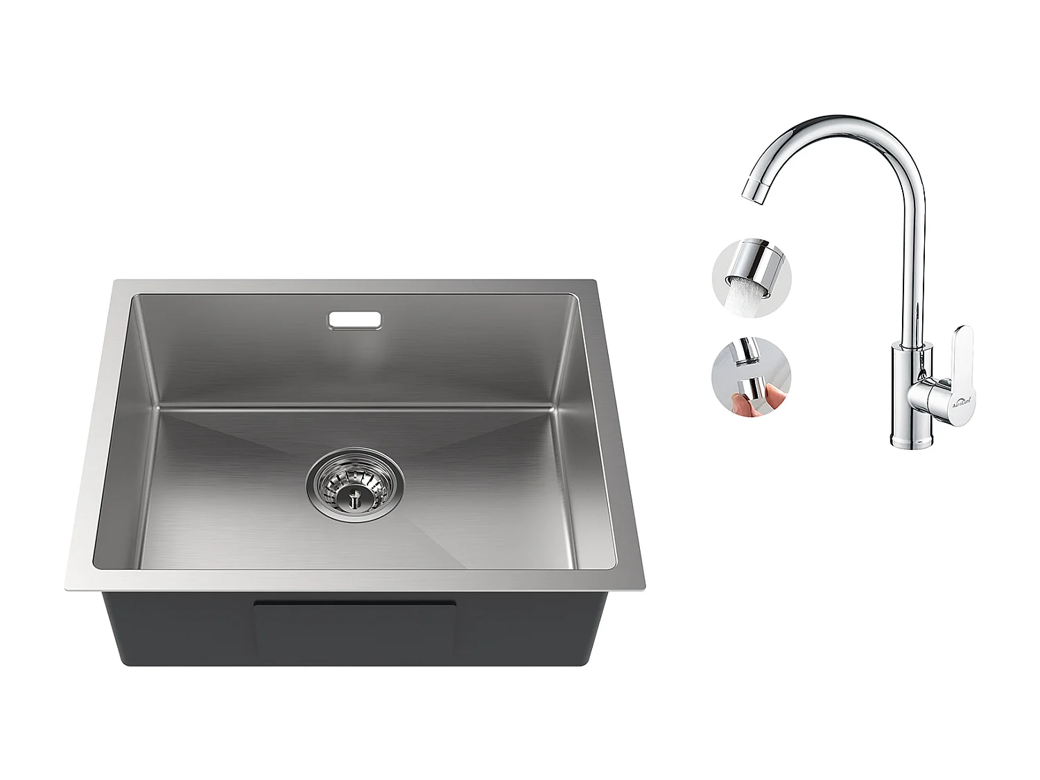 2 en1 Évier de Cuisine 1 Bac 55*44*19CM, à Encastrer/Fleur/ Sous-Plan, Brossé+Robinet Cuisine Pivotant à 360° avec Eau Chaude/Froide, Chromé