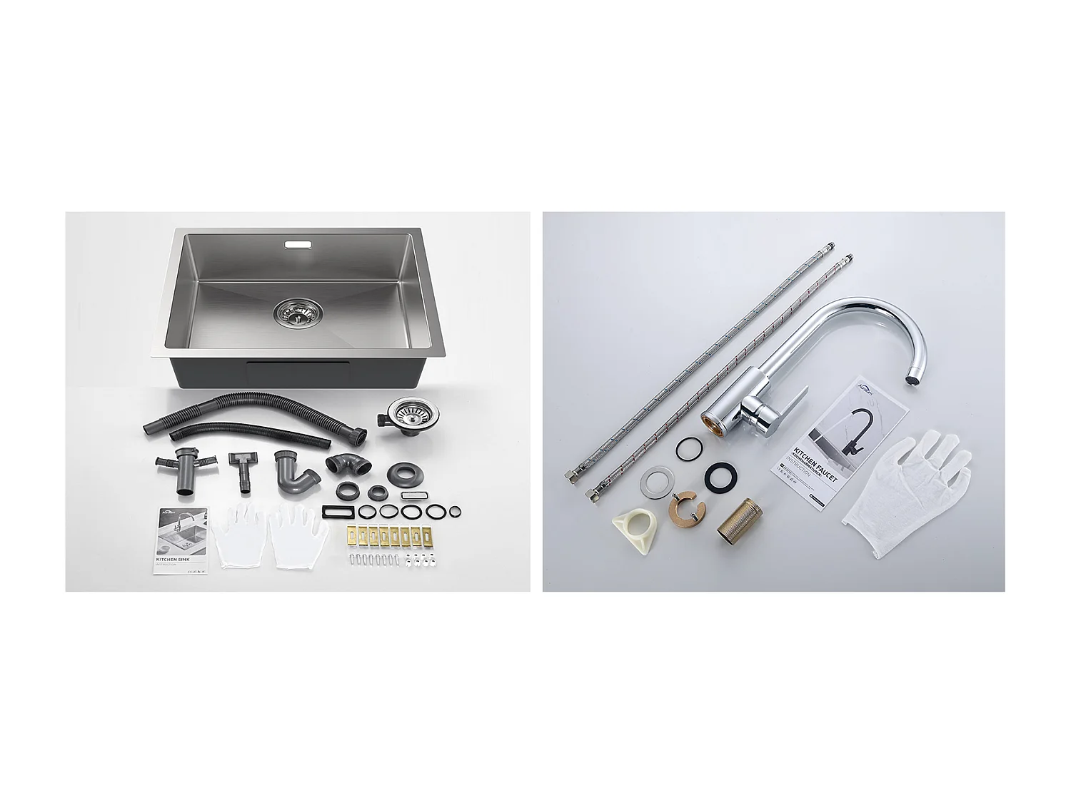 2 en1 Évier de Cuisine 1 Bac 55*44*19CM, à Encastrer/Fleur/ Sous-Plan, Brossé+Robinet Cuisine Pivotant à 360° avec Eau Chaude/Froide, Chromé