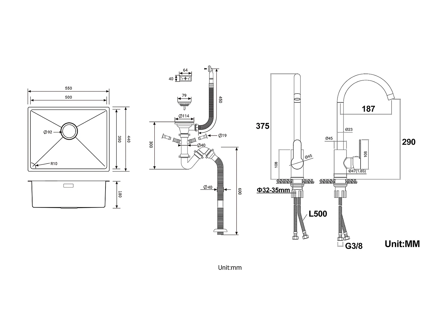 2 en1 Évier de Cuisine 1 Bac 55*44*19CM, à Encastrer/Fleur/ Sous-Plan, Brossé+Robinet Cuisine Pivotant à 360° avec Eau Chaude/Froide, Chromé