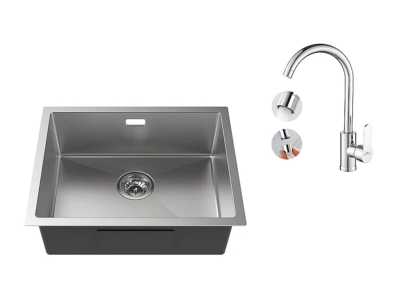 2-in-1-Küchenspüle mit Einzelbecken, 55 x 44 x 19 cm, Unterbau/flächenbündig/Unterbau, gebürstet + 360° schwenkbarer Küchenhahn mit Warm-/Kaltwasser, Chrom