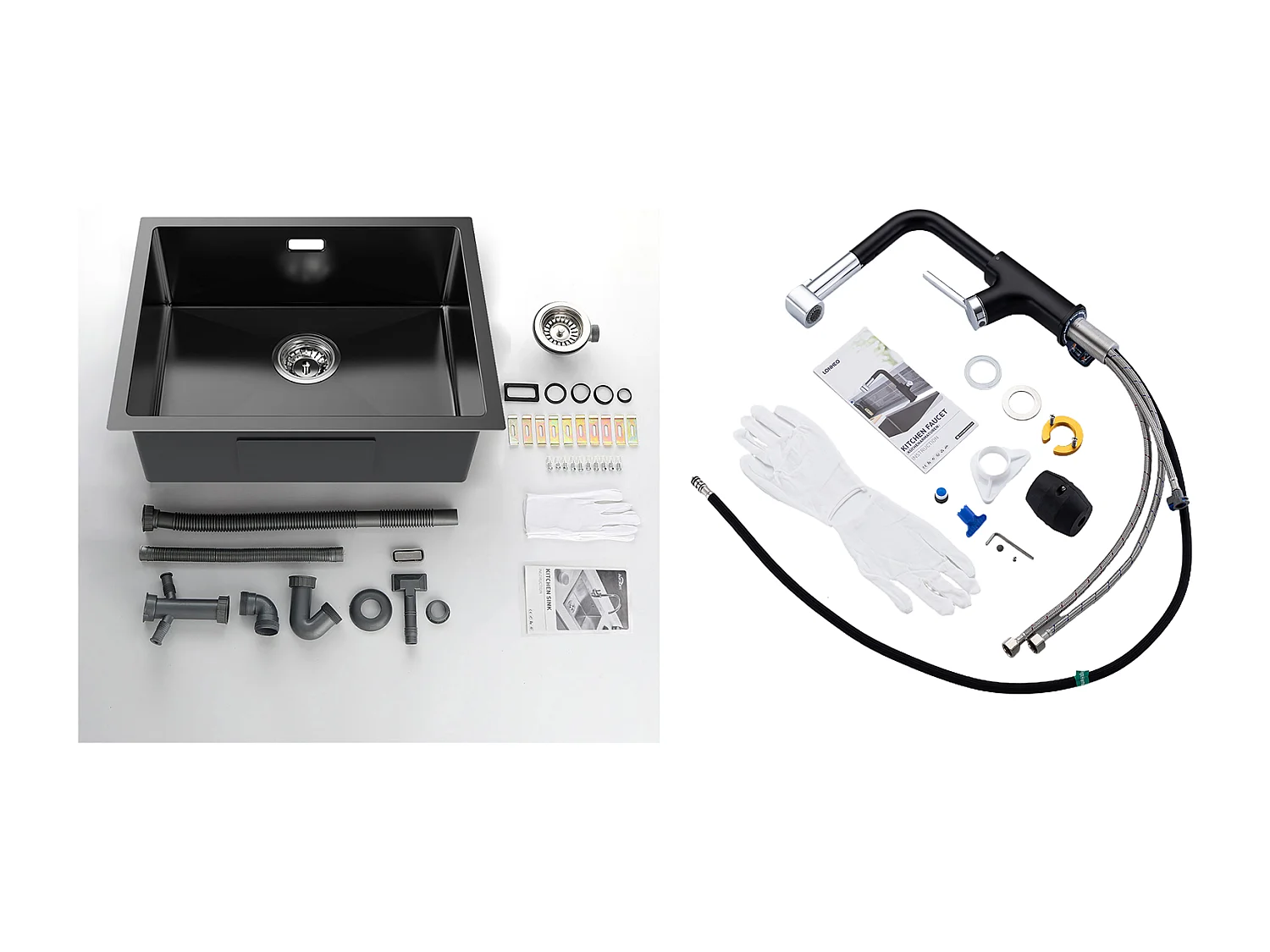 2 en1 Évier de Cuisine 1 Bac 55*44*19CM, à Encastrer/Fleur/ Sous-Plan, Noir + Robinet de Cuisine Inox Extractible Rotatif à 360 °