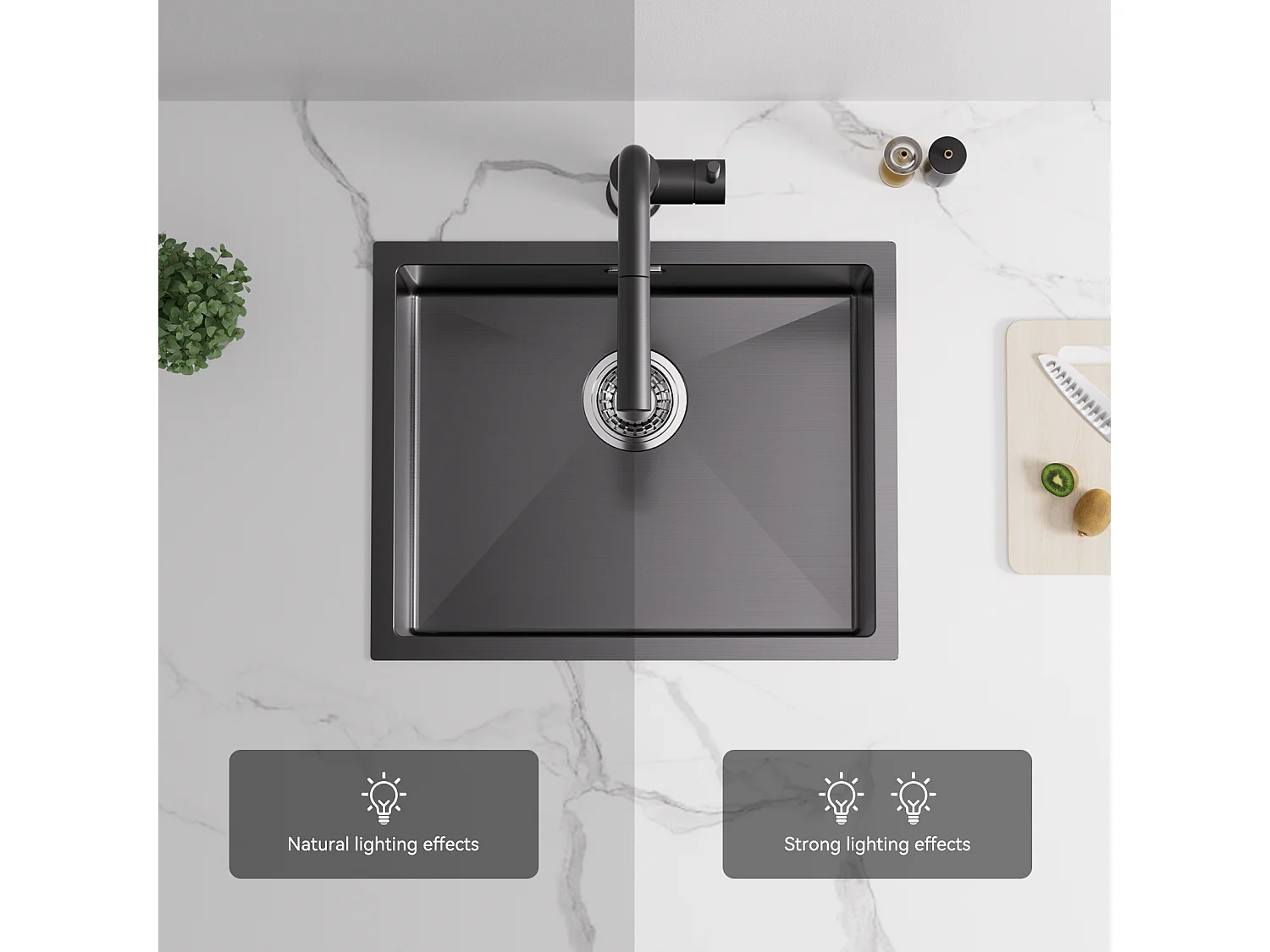 2 en1 Évier de Cuisine 1 Bac 55*44*19CM, à Encastrer/Fleur/ Sous-Plan, Noir + Robinet de Cuisine Inox Extractible Rotatif à 360 °